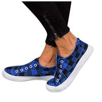 Cenglings Plus Size Women Round Toe Canvas Shoes Hollow Out Plaid Print Casual Breathable Shoes Platform Sneaker Loafers(Blue,35)