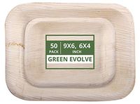 Green Evolve 810017651597 Palm Leaf Set (50 Pack) Big Dinner (25) Small Rectangle Salad Plates | Heavy Duty Ecofriendly Disposable Dinnerware, 9" x 6" & 6" x 4", Light Brown