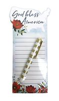 God Bless America USA Floral Themed Notepad with Gold & White Striped Pen Novelty Desk Gift Set 8" x 3.5"