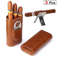 TWRmbo 3 Pack 3 -Count Brown Leather Cigar Case Cedar Wood Lined Cigar Humidor Stainless Steel Foldable Cigar Stand Silver Stainless Cigar Cutter