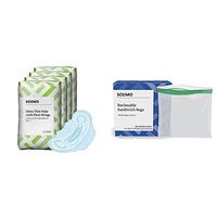 Amazon Brand - Solimo Ultra Thin Pads with Flexi-Wings for Periods, Long Length, Super Absorbency, Unscented, Size 2, 128 Count (4 Packs of 32) & Solimo Sandwich Storage Bags, 300 Count