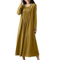 WENOVL Plus Size Dresses,Women Linen Pleated Solid Color Loose Long Sleeve O-Neck Vintage Dress Yellow