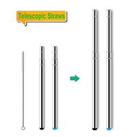 Telescopic Metal Straws, FUHAIHE 2 Pack Reusable Stainless Steel Straw, Portable Metal Straw with bag, 4 Silicon Tips, and Metal Cleaning Brush