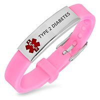 LiFashion LF Womens Girls Stainless Steel Silicone Sos Type 2 Diabetes Medical ID Adjustable Bracelet Pink Rubber Health Alert Wristband Monitoring Awareness for Outdoor Emergency