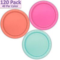 120 Paper Dessert Plates (7") - Hot Pink, Coral, Mint - 40 Per Color, 3 Colors - Great Assortment for Birthday Parties, Weddings, Holidays, Baby Shower, Celebrations, and more