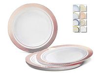 " OCCASIONS" 40 Plates Pack, Heavyweight Disposable Wedding Party Plastic Plates (10.5'' Dinner Plate, Celebration White & Rose Gold)