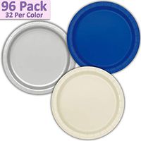 96 Paper Dinner Plates (9") - Royal Blue, Silver, Ivory - 32 Per Color, 3 Colors - Great Assortment for Birthday Parties, Weddings, Holidays, Baby Shower, Celebrations, and more