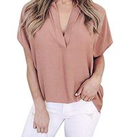 Meikosks Women's Chiffon Tops Short Sleeve V Neck Blouses Plus Size Tee Ladies Summer T Shirt Pink