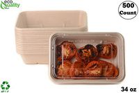 34oz Compostable Eco Friendly Container Trays with Clear Lids [500 PACK] - Rectangular Oblong Tree Free Sugarcane Bagasse Meal Prep Bento Boxes Take Out Catering Microwave Deep Container by EcoQuality