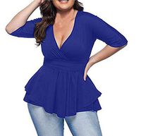 Meikosks Womens Summer Easy Blouse Middle Sleeve V-Neck Tops Pullover Plus Size T Shirt Blue