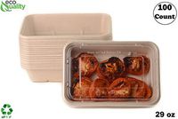 29oz Compostable Eco Friendly Container Trays with Clear Lids [100 PACK] - Rectangular Oblong Tree Free Sugarcane Bagasse Meal Prep Bento Boxes Take Out Catering Microwave Deep Container by EcoQuality