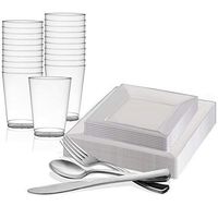 Disposable Plastic Dinnerware Set for 60 Guests - Includes Fancy Square Clear Dinner Plates, Dessert/Salad Plates, Silverware Set/Silver Cutlery & Cups For Wedding, Birthday Party & Other Occasions