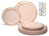 " OCCASIONS" 240 Plates Pack,(120 Guests) Vintage Wedding Party Disposable Plastic Plates Set -120 x 10'' Dinner + 120 x 7.5'' Salad/Dessert (Verona Blush/Antique Rose with Gold)