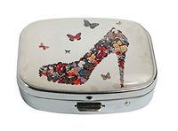 LCTCKP Custom Fashion Square Glass Silver Pill Case Decorative Metal Western Medicine Tablet Container Box (Butterfly High Heel)