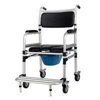 Wheeled Folding Bedside Toilet Chair, Padded Bathing Chair for Elderly, Handicapped, and Disabled Users, with Wheel Adjustable Armrest