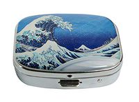 LCTCKP Custom Fashion Square Glass Silver Pill Case Decorative Metal Western Medicine Tablet Container Box (Japanese Wave Art)