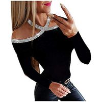 Sunhusing Women's Pure Color Sexy Cold Shoulder Halter Long Sleeve Shiny Sequin Splice Slim Bottoming Tops(Black,XL)
