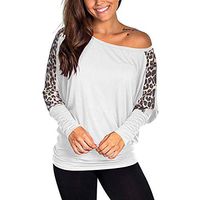 Leopard Print Stitching Long Sleeve T-Shirt Plus Size,FORUU 2020 Autumn Winter Ladies Sexy Skew Collar Long Sleeve Pullover 2020 Newest Comfy Cute Casual Tops Lover Gift Dailywear