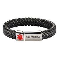 [Engraving]Leather Medical Alert Bracelet - Personalized Medical ID for Men Women Kids Custom Diabetic Alert Bracelet-Black (23cm(9.05"), ☆Silver-Type 2 Diabetes)