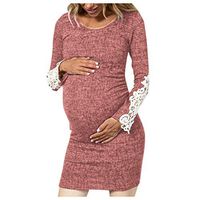 Haxikocty Women Round Neck Pregnants Dress Long Sleeve Appliqued Patchwork Solid Fitted Maternity Dress Red