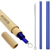 Ecodesya Reusable Glass Straws - Two Different Sizes Of Straw,Lenghts 210 mm,Widths 12mm,8mm,Ergonomic Design Wooden Holder,Provides Use With All Drinking Types,Eco Friendly (BLUE)