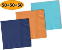 150 Beverage Napkins, Navy blue, Autumn Orange, Island Blue - 50 Each Color. 2 Ply Paper Cocktail Napkins. 5" folded, 10" unfolded.