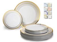 " OCCASIONS" 240 Plates Pack,(120 Guests) Heavyweight Wedding Party Disposable Plastic Plate Set - 120 x 10.5'' Dinner + 120 x 7.5'' Salad/Dessert plates (Sundance White & Gold Rim)