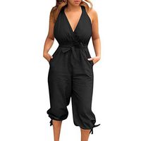 LONGDAY Women Summer Jumpsuit Short Romper Halter V-Neck Tank Top Casual Baggy Pants Harem Plus Size Bodysuit Belted Black