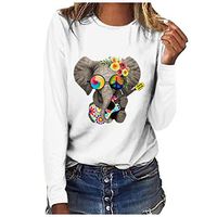 Meikosks Womens Fashion Elephant Print T Shirt Long Sleeve Round Neck Tops Cute Graphic Tunic
