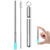 Collapsible Reusable Straws,Portable Telescopic Stainless Steel Metal Drinking Foldable Straw with Carrying Case Cleaning Brush Silicone Tips Keychain Silver
