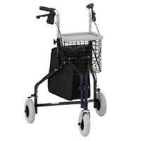 3 Wheeled Walker Blue - Solid, oversized 8" tires will never puncture and provide more stability for a safe walk on any terrain. Heavy Duty plastic tray, wire basket and large vinyl storage pouch included.