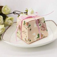 FidgetKute 50X Wedding Favors SuppliesTrapezoid Floral Candy Boxes Gift Box with Ribbons S Pink 50PCS