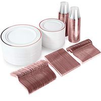 600 Piece Rose Gold Dinnerware Set - 200 White and Rose Gold Plastic Plates - Set of 300 Rose Gold Plastic Silverware - 100 Plastic Cups - Disposable Rose Gold Dinnerware Set for Party - 100 Guests