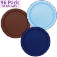 96 Paper Dinner Plates (9") - Light Blue, Brown, Navy Blue - 32 Per Color, 3 Colors - Great Assortment for Birthday Parties, Weddings, Holidays, Baby Shower, Celebrations, and more