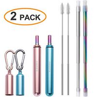 2 Pack Metal Straws Reusable Stainless Steel Straws Collapsible Drinking Straws with Travel Case Cleaning Brush Silicone Tips Turquoise/Rose Gold