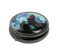PTCRMG Image Custom Unique Round Pill Box Case Tablet Medicine Pocket Purse Travel Pill Vitamin Decorative Box Case Holder (Blue Moon Black Cat)