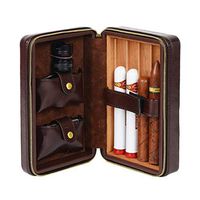 Smoking Set/Cigar Box Cigarette Box Travel Portable Leather Cedar Wood Lining Can Hold 4 Cigars with Cigar Scissors Zipper Bag Men's Gift Box Brown Mute
