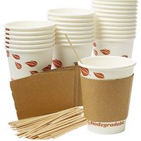 Leak-Free, All-in-One Coffee Cup Set 12 Oz. 50 Pack w/Recyclable Cardboard Jacket Sleeves and Wood Stirrers. Best 12oz Disposable Paper Cups Bulk Bundle Perfect for Hot Beverages and Drinks