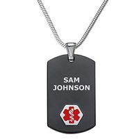 Divoti Deep Custom Laser Engraved Stainless Steel Medical Alert Necklace for Men, Chic Black & Silver Medical ID Necklace, Medical Dog Tag w/Free Engraving 24 Snake Chain-Red