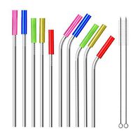 Multi-Size Stainless Steel Straws with Silicone Tips, Set of 10 (10.5'', 9.5'', 8.5'') Reusable Metal Drinking Straws with 2 Cleaning Brushes and Carry Bag Fits Yeti, RTIC, SIC, Ozark Trail Tumbl