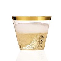 100 Gold Plastic Cups - 9 oz Elegant Party Cups- Wine Clear Plastic Gold Rimmed Cups - Fancy Disposable Golden Rim Old Fashioned Tumblers - GREAT VALUE PACK