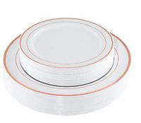 100 Piece Rimmed Premium Disposable Plastic Plates Set 50 pc10.25" Dinner | 50 pc 7.5'' Salad-Dessert Wedding Dinnerware Sets (Rose Gold)