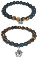 Hidden Hollow Beads Charm Tigers Eye and Black Lava Natural Stone Women's Yoga Beaded Stretch Bracelet Set. Comes in A Gift Box! (Flower)