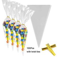 GAKA Clear Cone Bags Cellophane Treat Transparent Plastic OPP Bags with Twist Ties,Pack of 100
