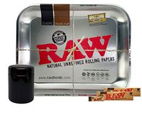 RAW Large Rolling Tray “Metallic”, RAW Classic King Size Slim (2 Packs), RAW Tip, Leaf Lock Gear Air-Tight UV Glass Stash Jar - 5 Item Bundle