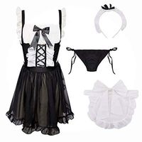 Aoaoingy Women Temptation French Maid Cosplay Lingerie Set Hollow Out Backless Ruffles Bowknot Apron Dress with Briefs Babydoll Nightwear