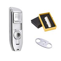 BS Cigar Cutter and Lighter Set, Cigar Punch Lighter Triple Jet Flame Butane Cigarette Torch Lighter (Silver)
