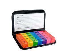 Rainbow Weekly 28 Compartments Pill Organizer with Snap Lids 7-day Detachable Compartments for Pills, Vitamin. (Black leather)