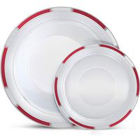 Laura Stein Designer Dinnerware Set | 32 Disposable Plastic Party Bowls | White Bowl with Burgandy Rim & Silver Accents | Includes 16 x 12 oz Soup Bowls, 16 x 5 oz Dessert Bowls | Venetian