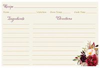 Recipe Cards, Floral, Burgundy Blooms Bridal, Ivory, Burgundy, Painted, Watercolor, Floral, Botanical, Flowers, Recipe Exchange, Bridal Shower, Wedding, 24 Packof Double Sided Printed Recipe Cards